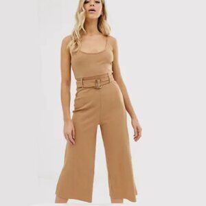 Missguided Ribbed Cami Culotte Wide Leg Jumpsuit with Belted Waist